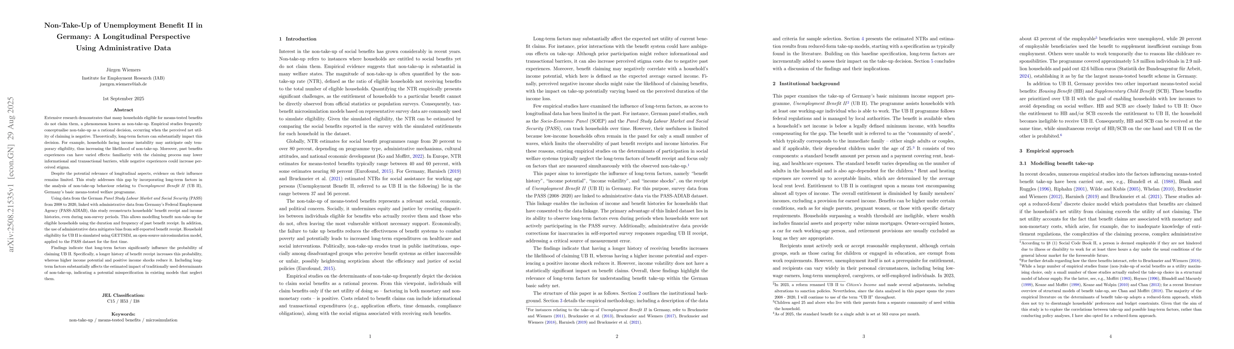 Thumbnail for Non-Take-Up of Unemployment Benefit II in Germany: A Longitudinal
  Perspective Using Administrative Data