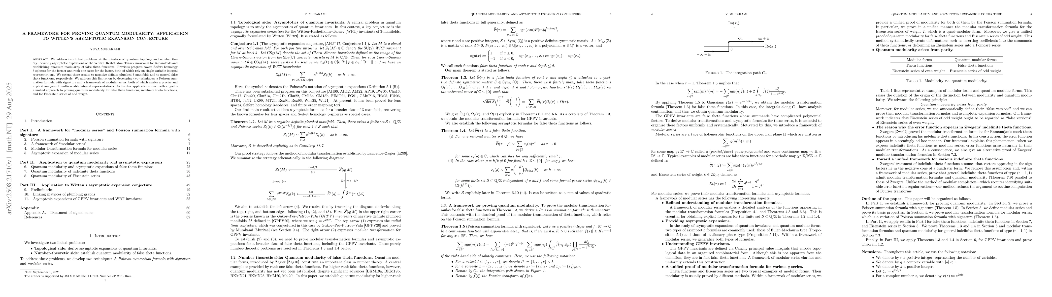 Thumbnail for A framework for proving quantum modularity: Application to Witten's
  asymptotic expansion conjecture