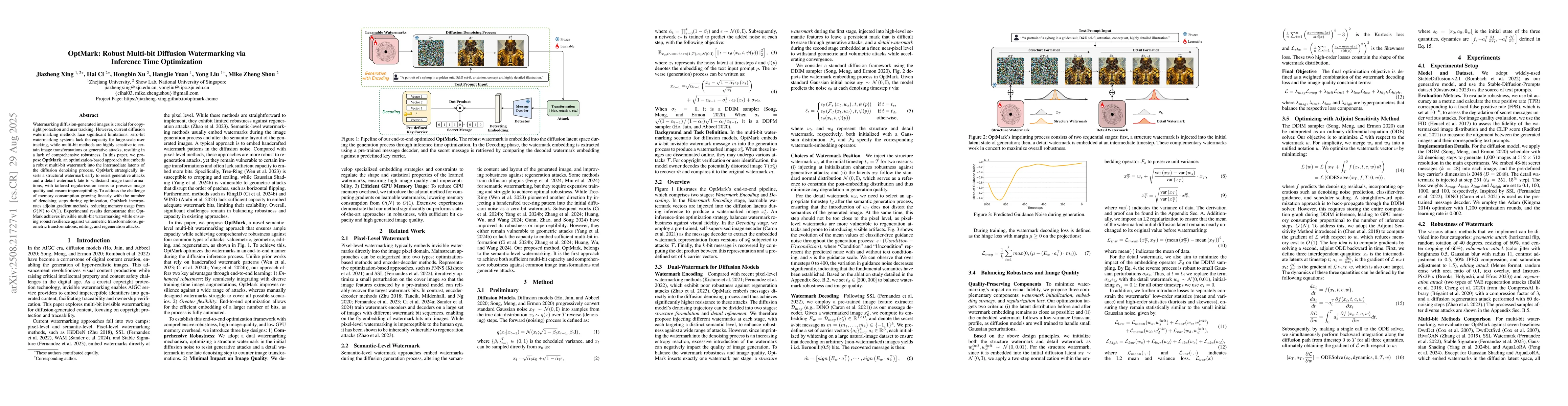 Thumbnail for OptMark: Robust Multi-bit Diffusion Watermarking via Inference Time
  Optimization
