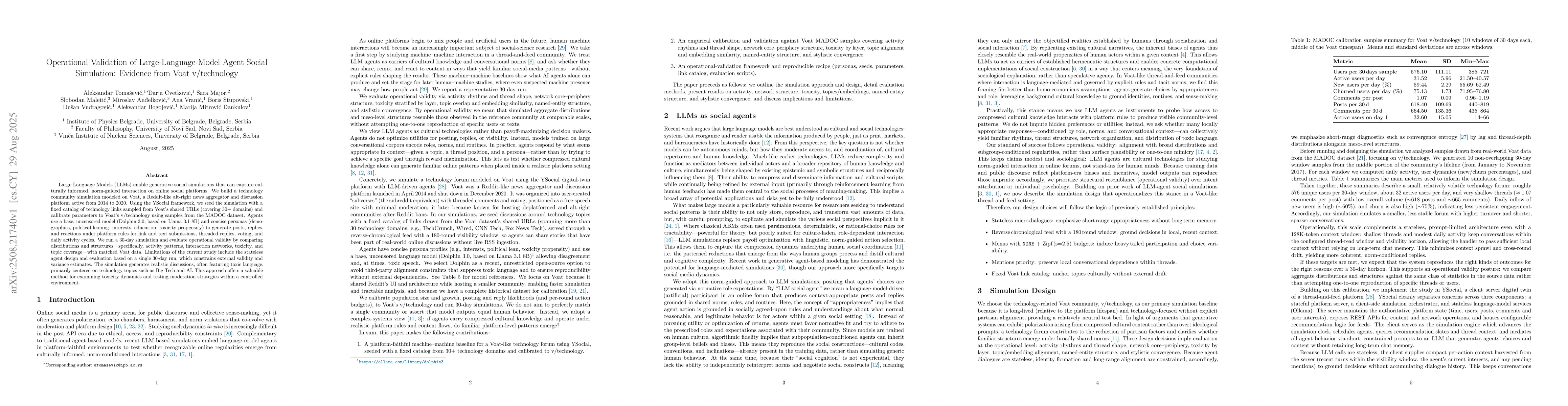 Thumbnail for Operational Validation of Large-Language-Model Agent Social Simulation:
  Evidence from Voat v/technology