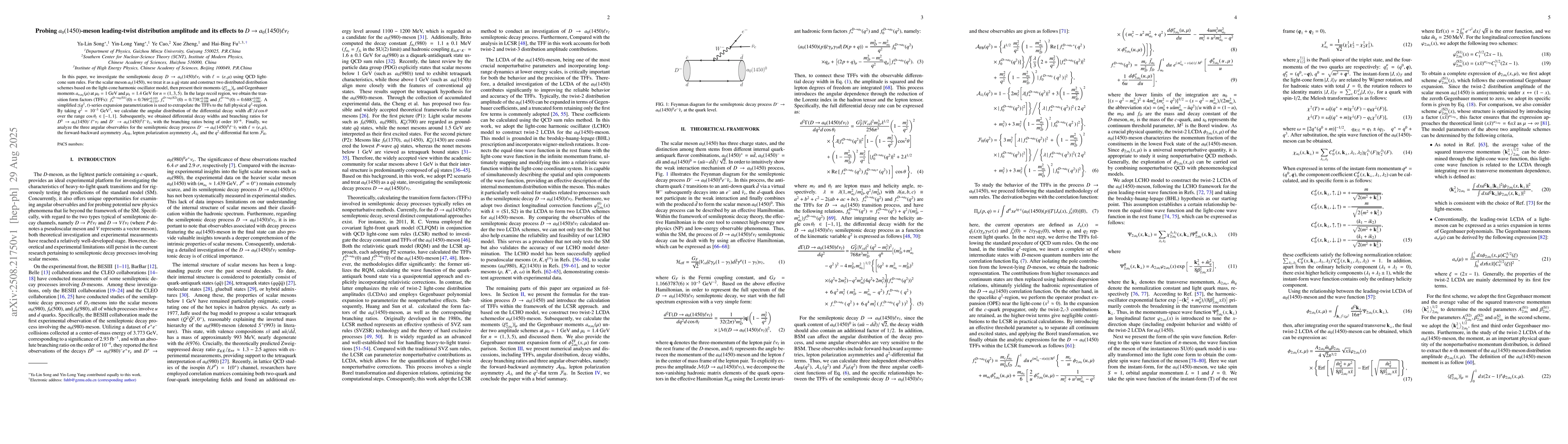 Thumbnail for Probing $a_0(1450)$-meson leading-twist distribution amplitude and its
  effects to $D\to a_0(1450)\ell ν_{\ell}$