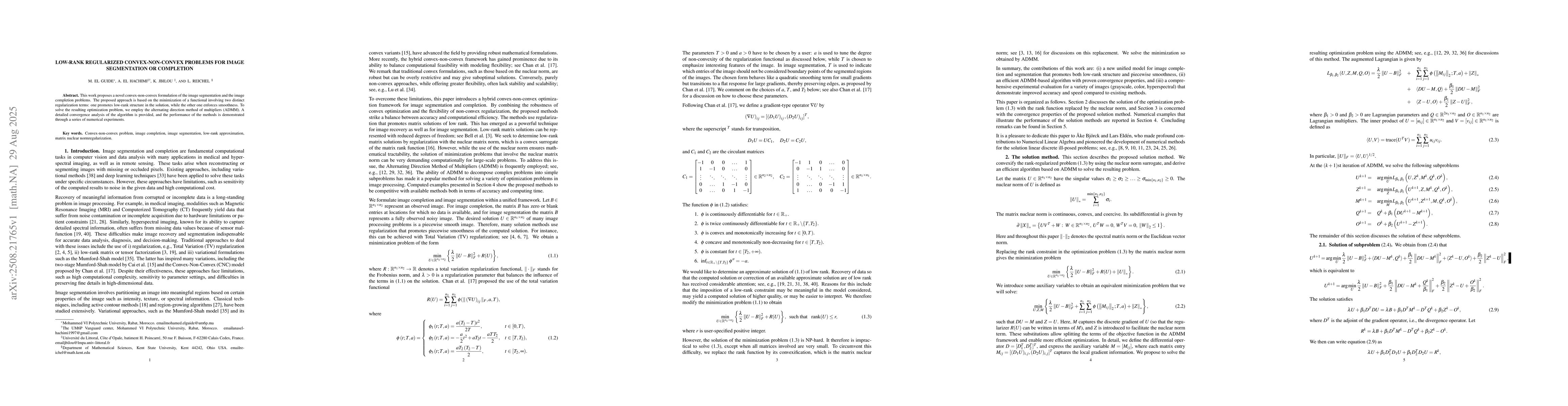 Thumbnail for Low-Rank Regularized Convex-Non-Convex Problems for Image Segmentation
  or Completion