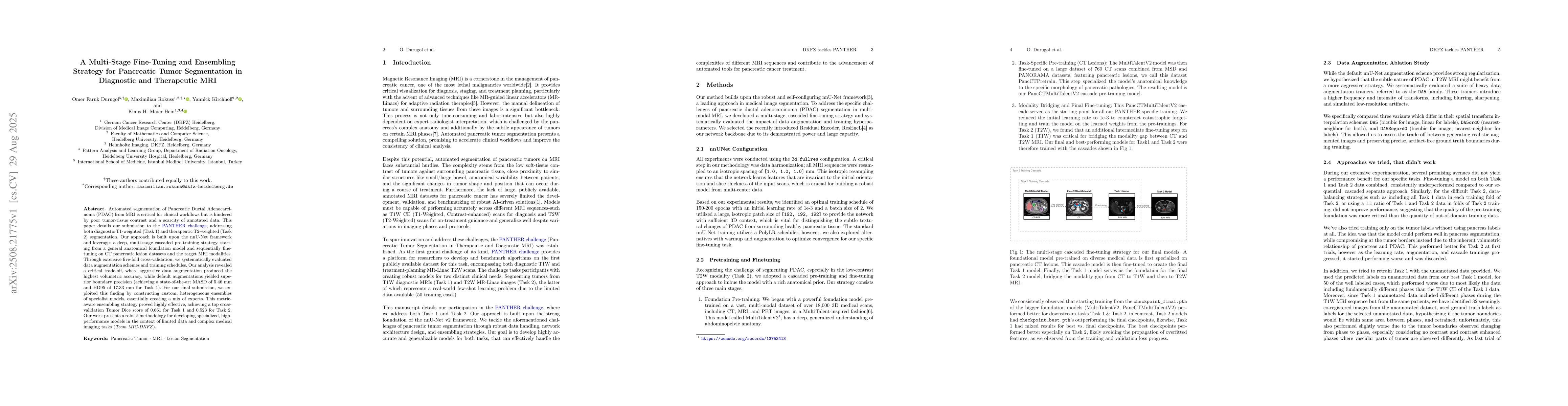 Thumbnail for A Multi-Stage Fine-Tuning and Ensembling Strategy for Pancreatic Tumor
  Segmentation in Diagnostic and Therapeutic MRI