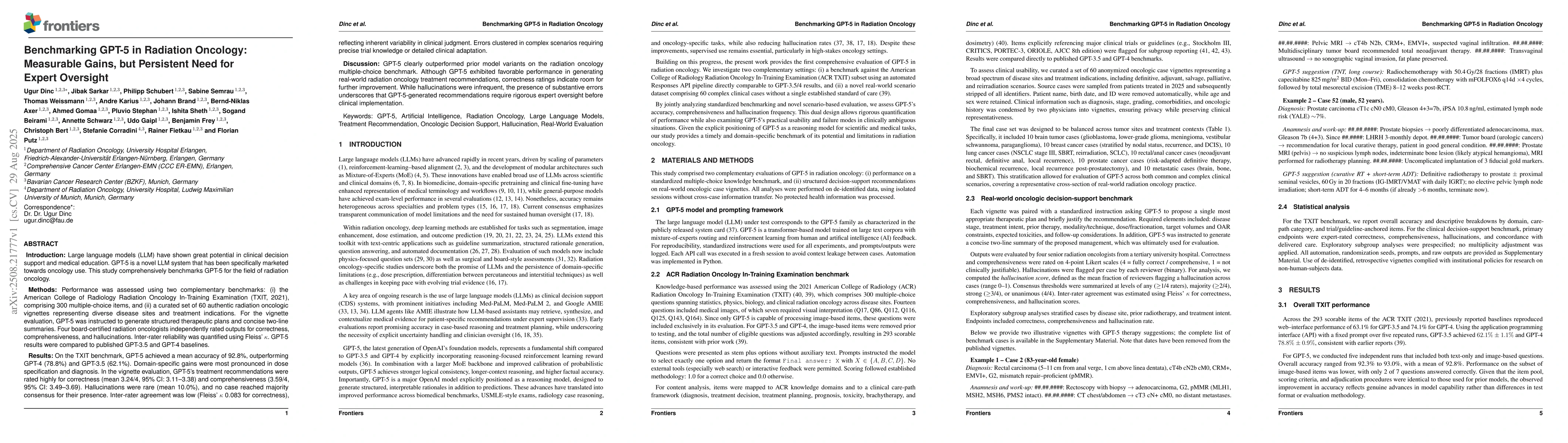 Thumbnail for Benchmarking GPT-5 in Radiation Oncology: Measurable Gains, but
  Persistent Need for Expert Oversight