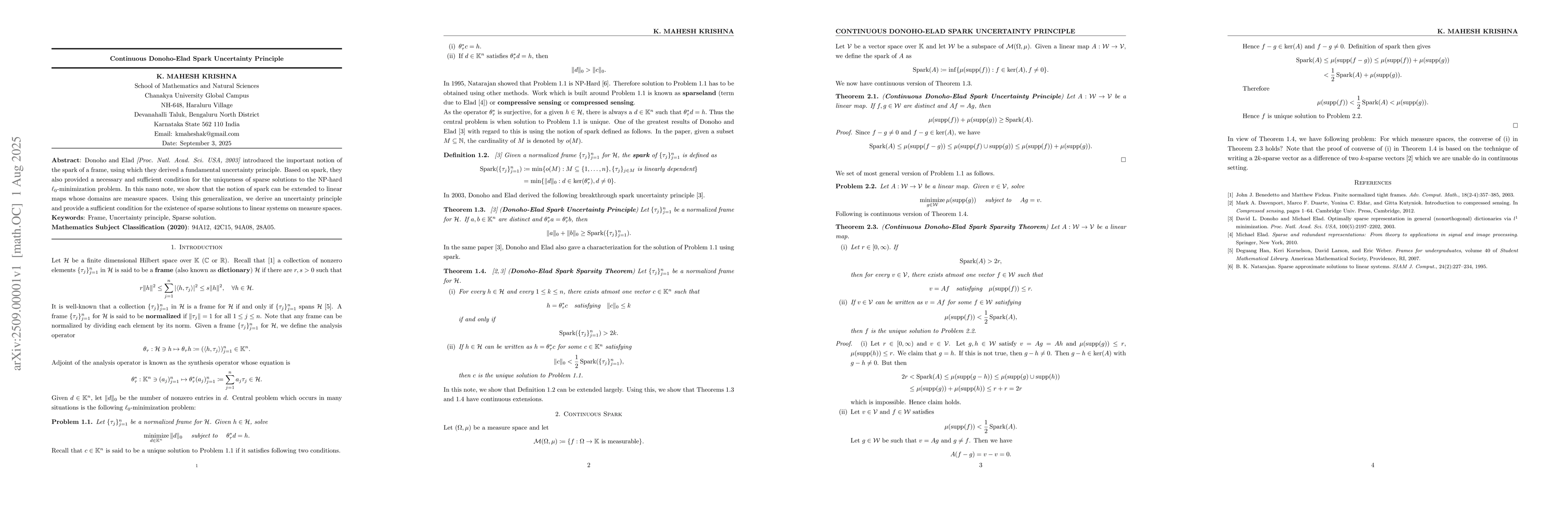 Thumbnail for Continuous Donoho-Elad Spark Uncertainty Principle