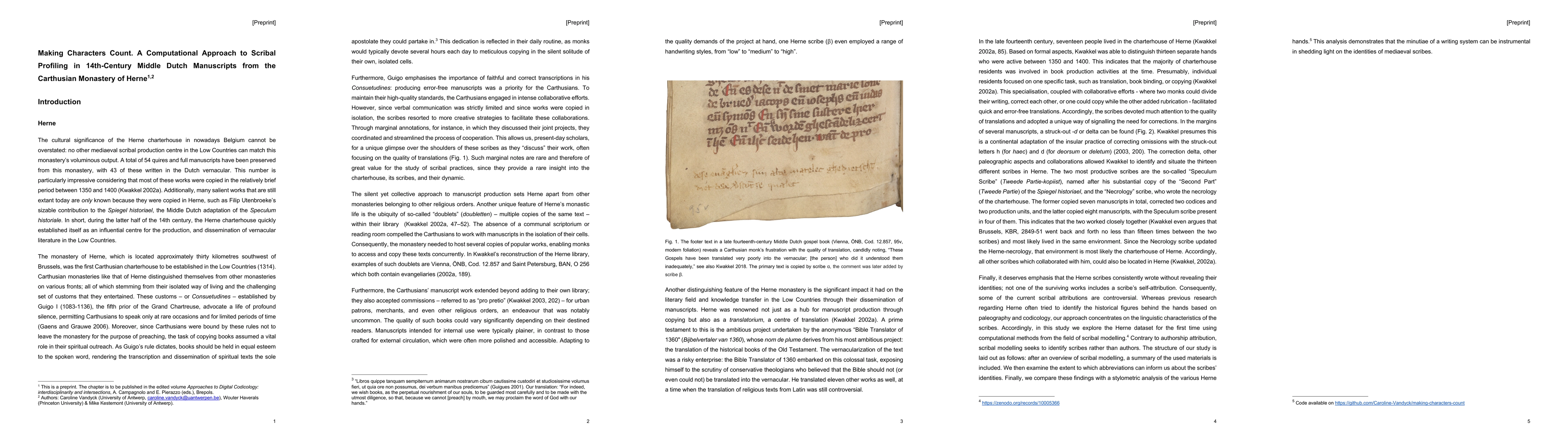 Thumbnail for Making Characters Count. A Computational Approach to Scribal Profiling
  in 14th-Century Middle Dutch Manuscripts from the Carthusian Monastery of
  Herne