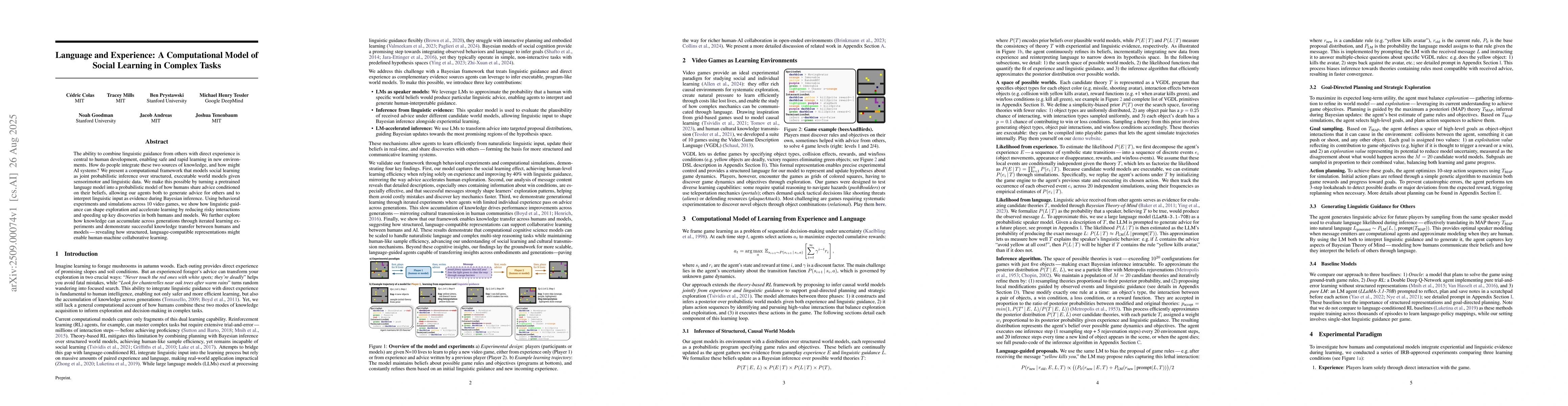 Thumbnail for Language and Experience: A Computational Model of Social Learning in
  Complex Tasks