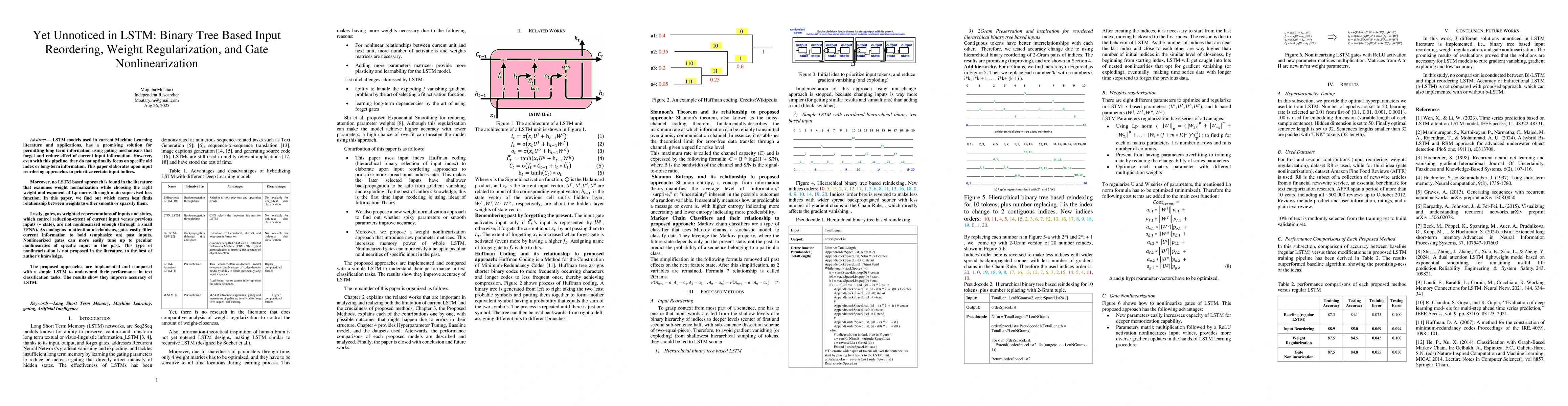 Thumbnail for Yet Unnoticed in LSTM: Binary Tree Based Input Reordering, Weight
  Regularization, and Gate Nonlinearization