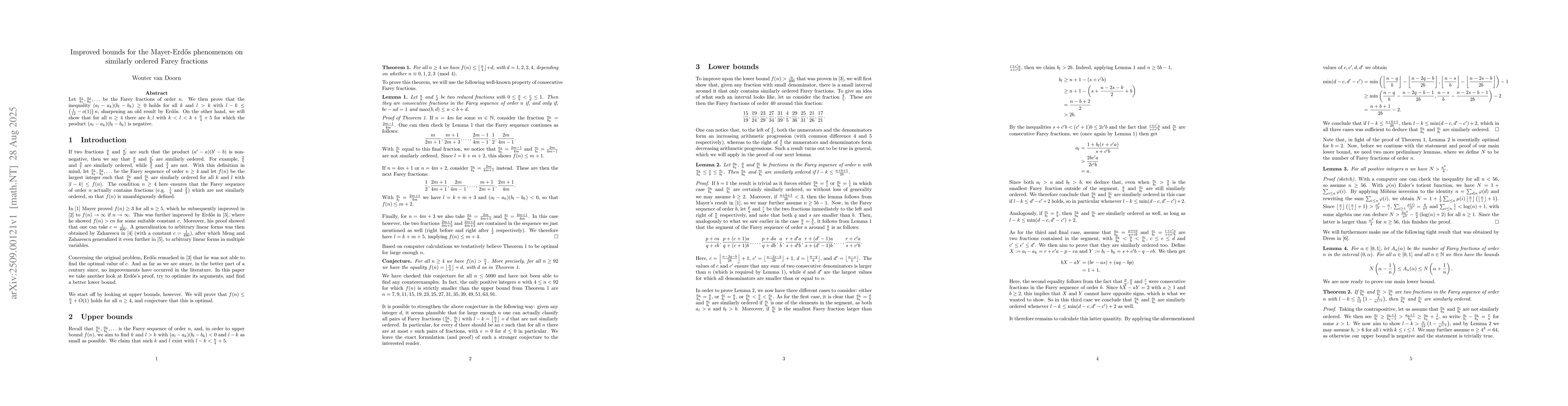 Thumbnail for Improved bounds for the Mayer-Erdős phenomenon on similarly ordered
  Farey fractions