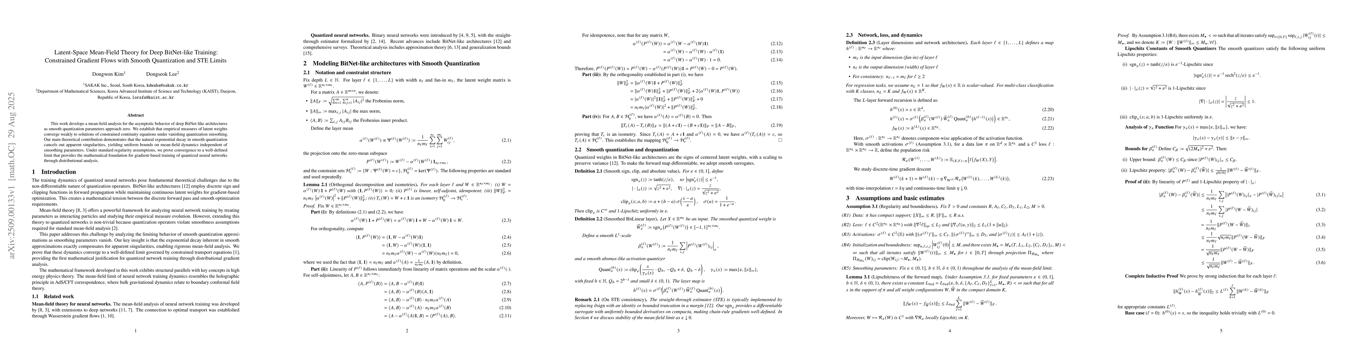 Thumbnail for Latent-Space Mean-Field Theory for Deep BitNet-like Training:
  Constrained Gradient Flows with Smooth Quantization and STE Limits