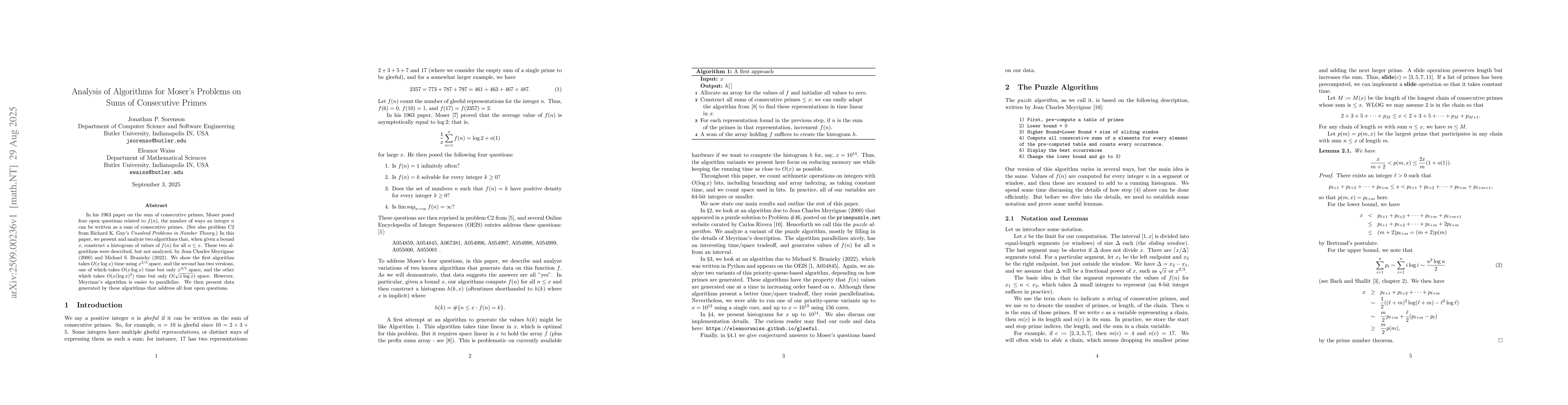 Thumbnail for Analysis of Algorithms for Moser's Problems on Sums of Consecutive
  Primes