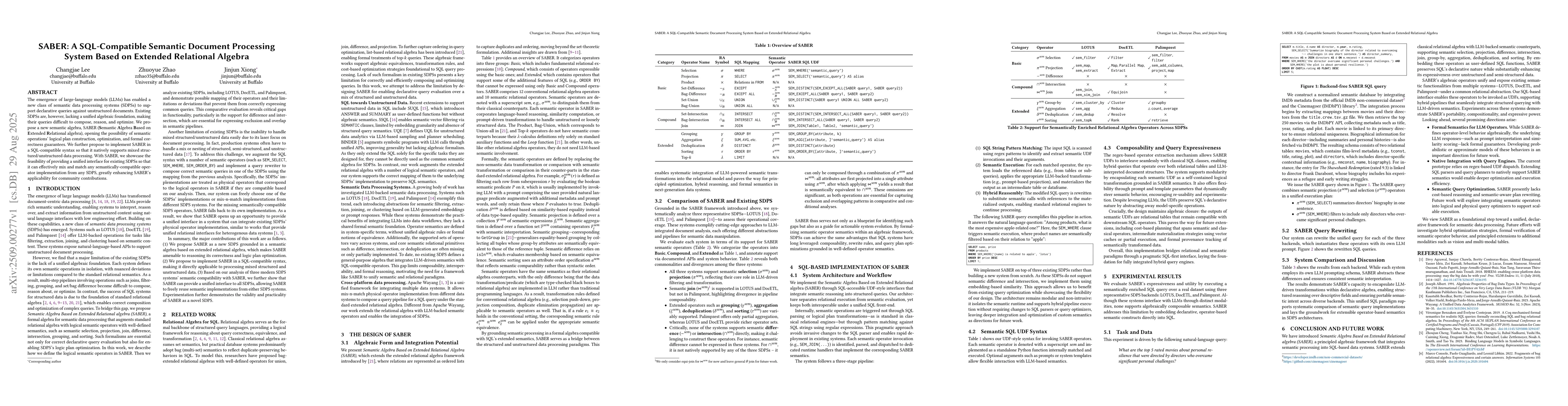 Thumbnail for SABER: A SQL-Compatible Semantic Document Processing System Based on
  Extended Relational Algebra