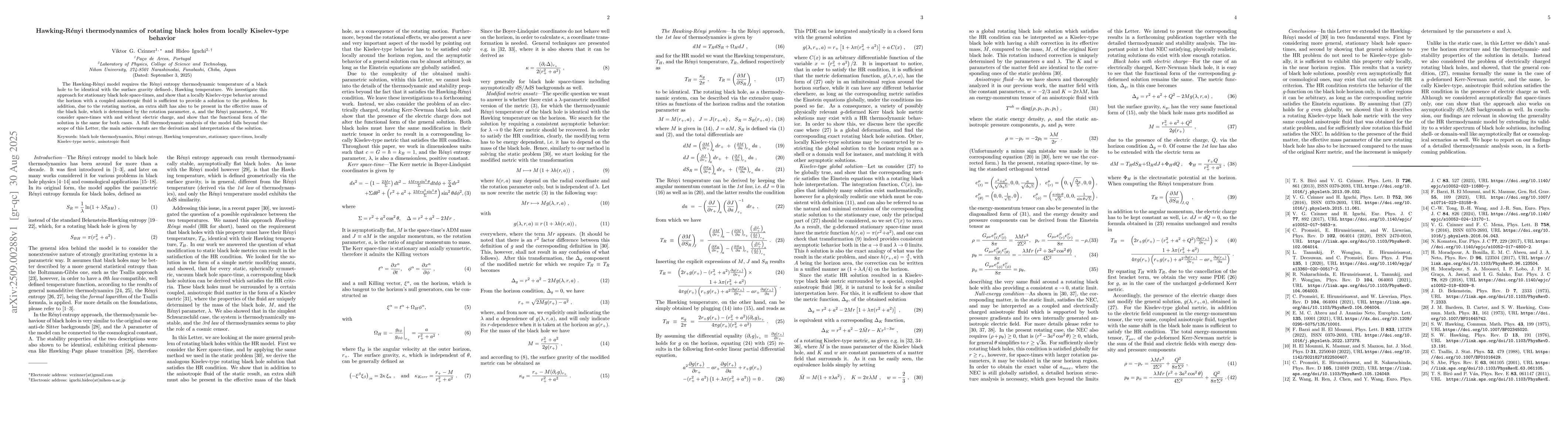 Thumbnail for Hawking-Rényi thermodynamics of rotating black holes from locally
  Kiselev-type behavior