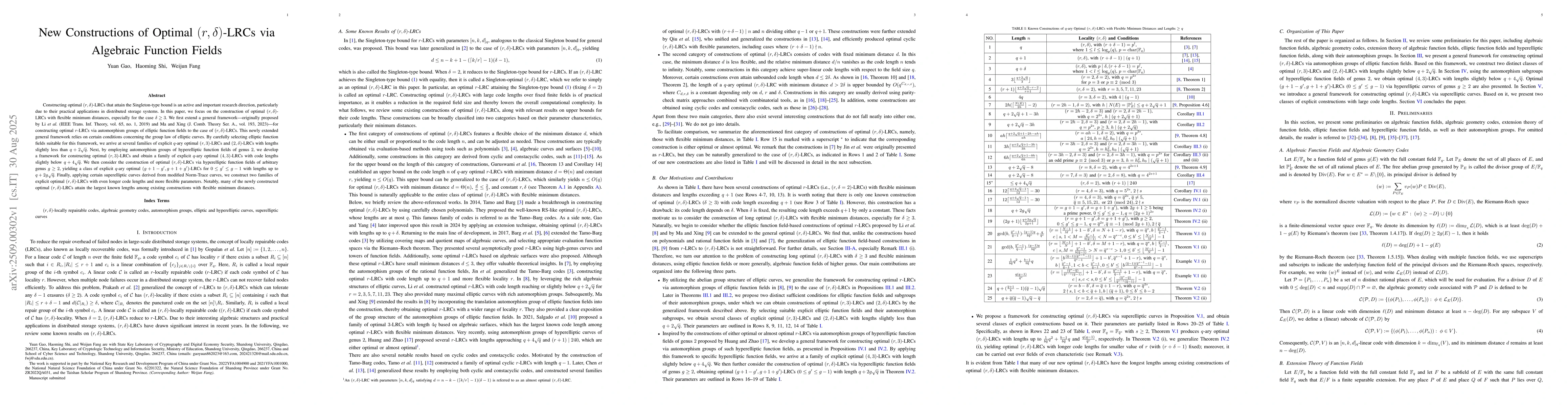 Thumbnail for New Constructions of Optimal $(r,δ)$-LRCs via Algebraic Function
  Fields