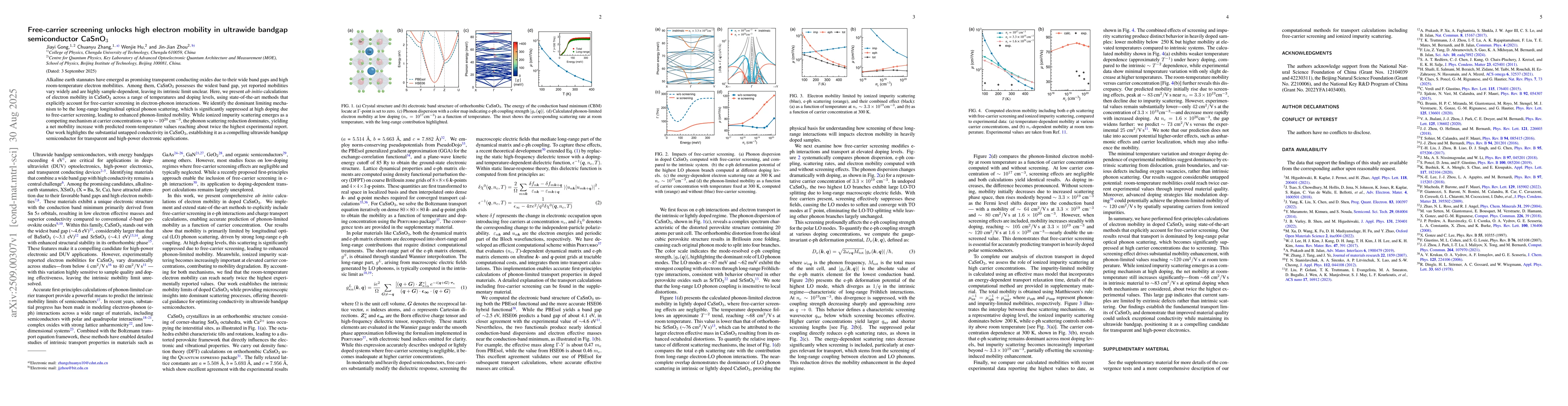 Thumbnail for Free-carrier screening unlocks high electron mobility in ultrawide
  bandgap semiconductor CaSnO$_3$