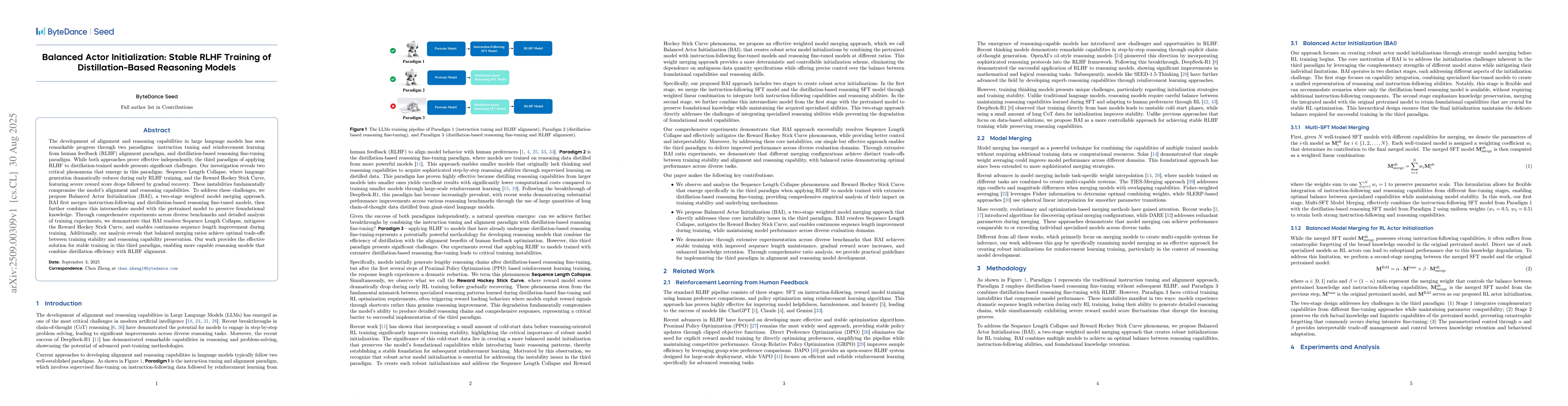Thumbnail for Balanced Actor Initialization: Stable RLHF Training of
  Distillation-Based Reasoning Models