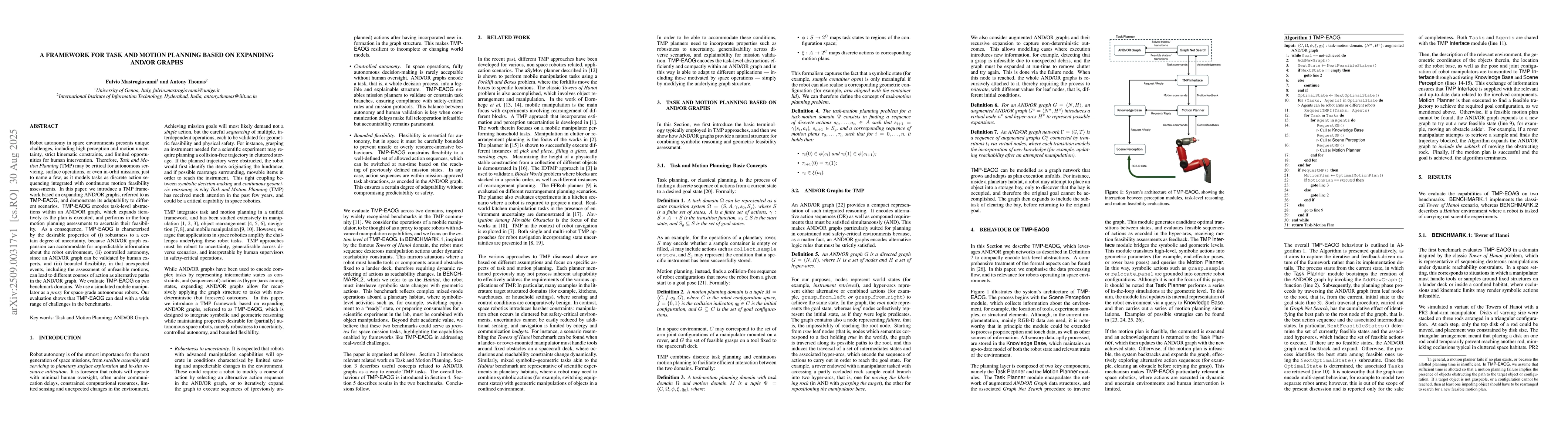 Thumbnail for A Framework for Task and Motion Planning based on Expanding AND/OR
  Graphs