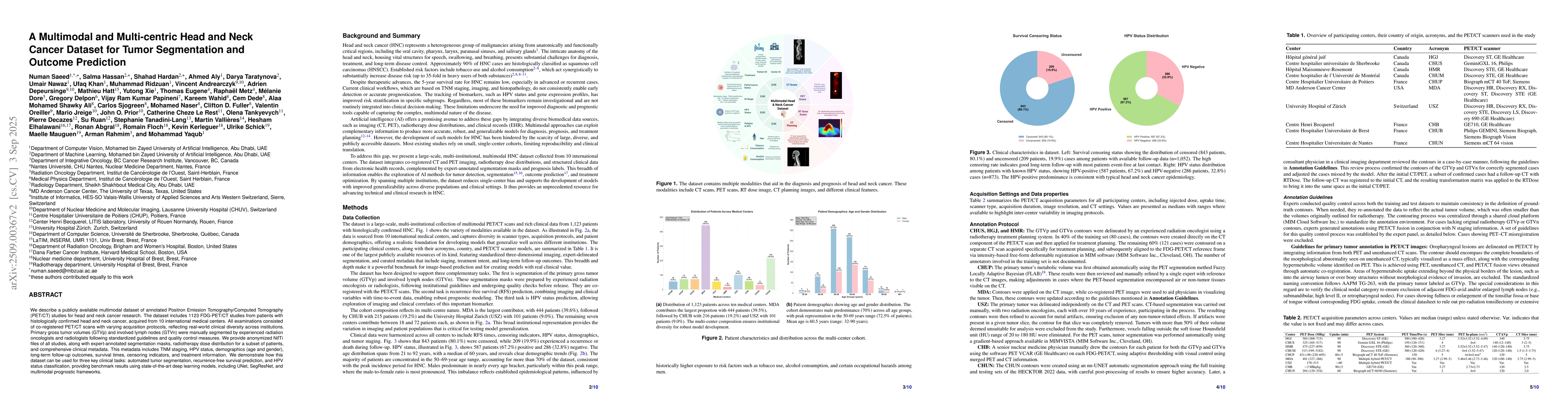Thumbnail for A Multimodal and Multi-centric Head and Neck Cancer Dataset for Tumor
  Segmentation and Outcome Prediction
