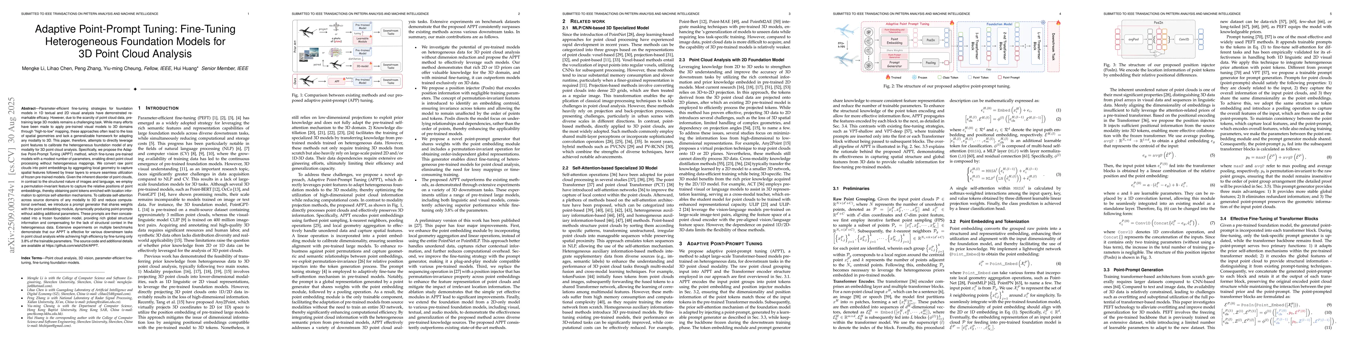 Thumbnail for Adaptive Point-Prompt Tuning: Fine-Tuning Heterogeneous Foundation
  Models for 3D Point Cloud Analysis