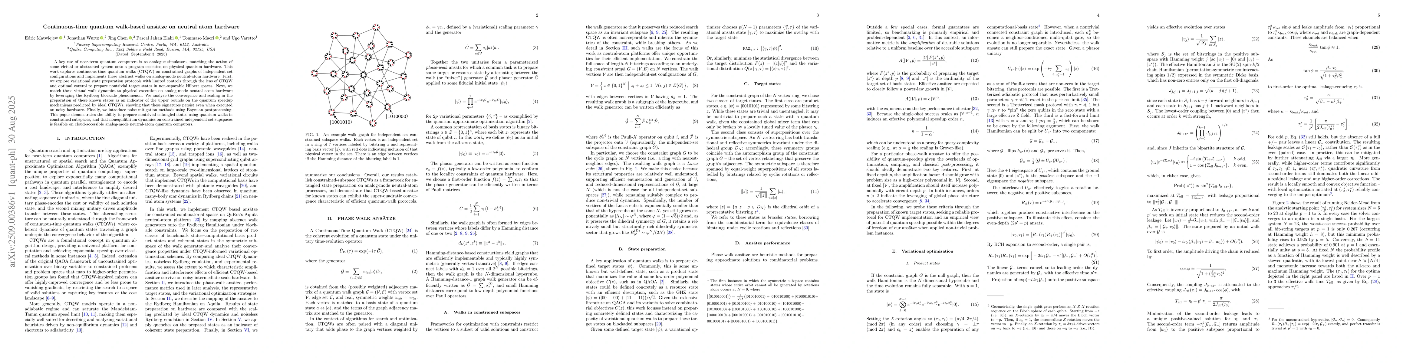 Thumbnail for Continuous-time quantum walk-based ansätze on neutral atom hardware
