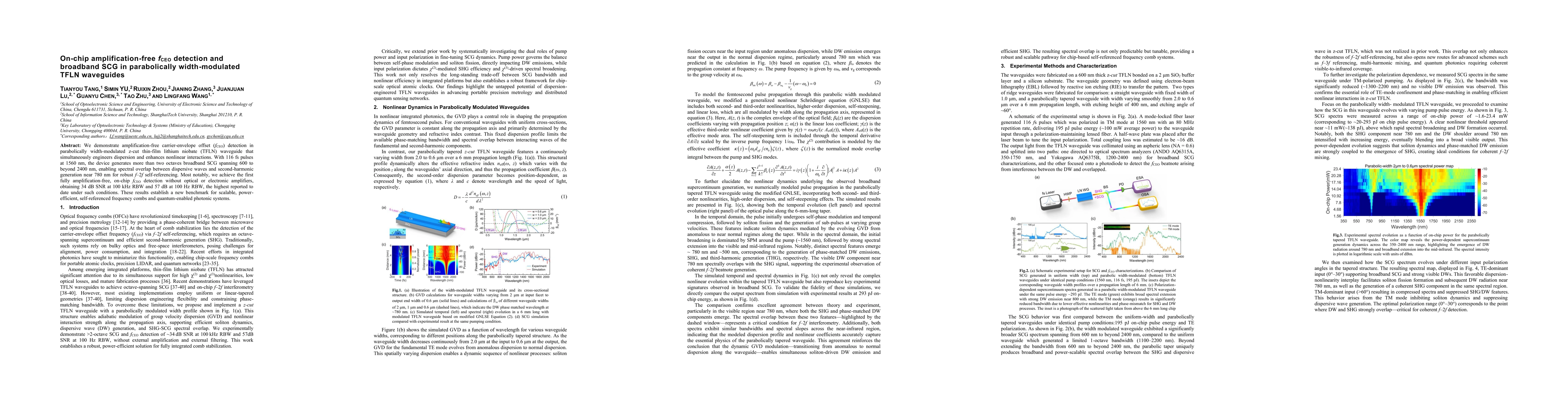 Thumbnail for On-chip amplification-free fCEO detection and broadband SCG in
  parabolically width-modulated TFLN waveguides