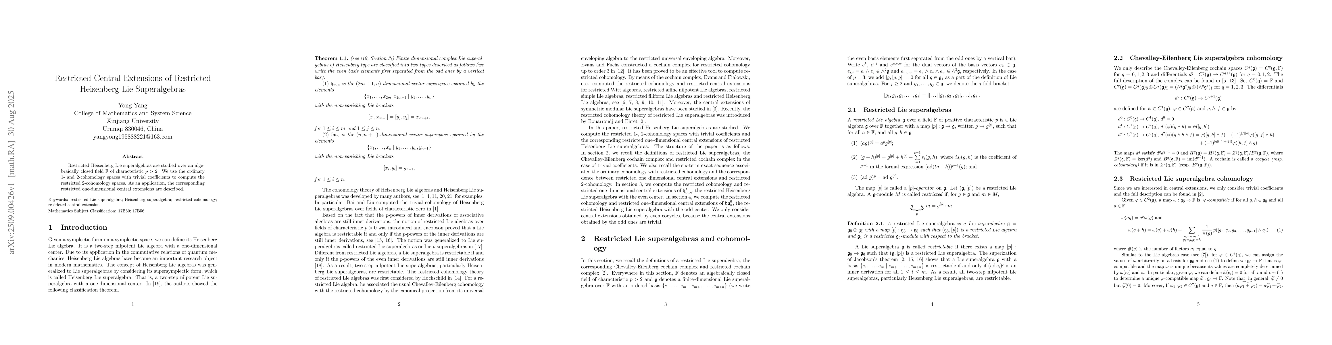Thumbnail for Restricted Central Extensions of Restricted Heisenberg Lie Superalgebras