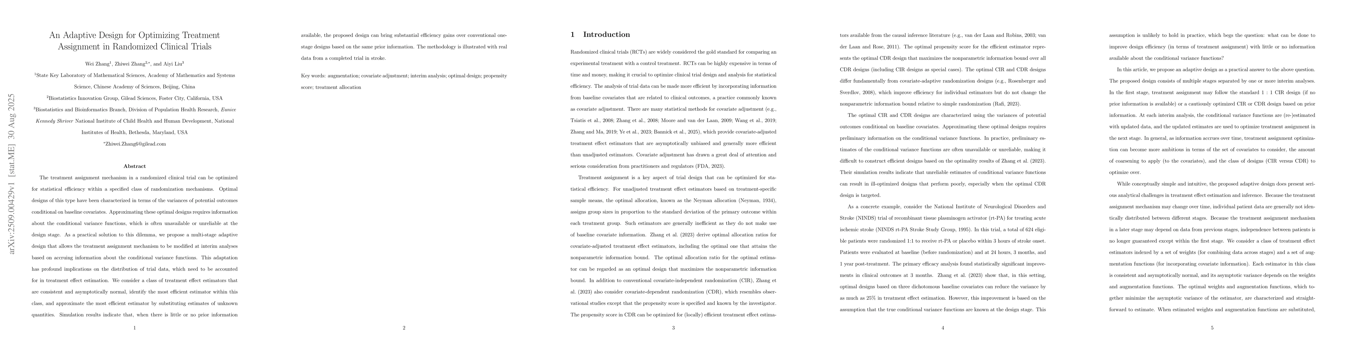 Thumbnail for An adaptive design for optimizing treatment assignment in randomized
  clinical trials