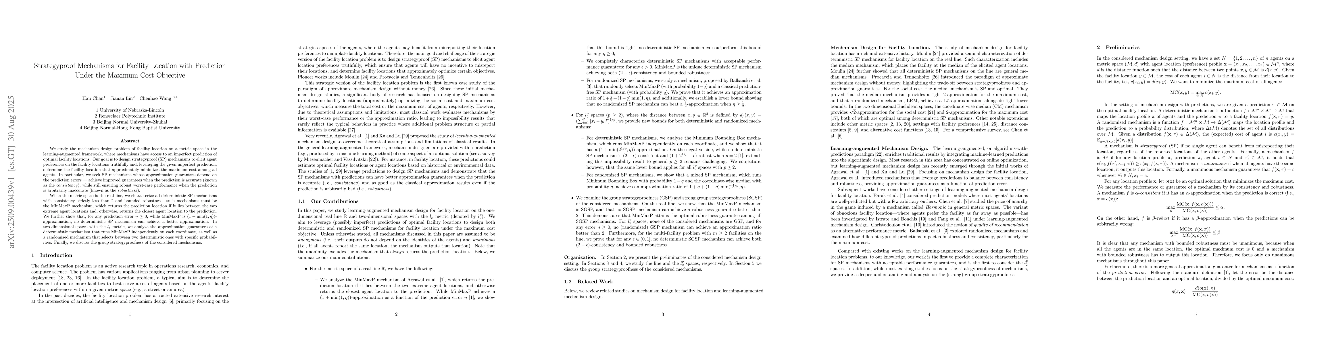 Thumbnail for Strategyproof Mechanisms for Facility Location with Prediction Under the
  Maximum Cost Objective