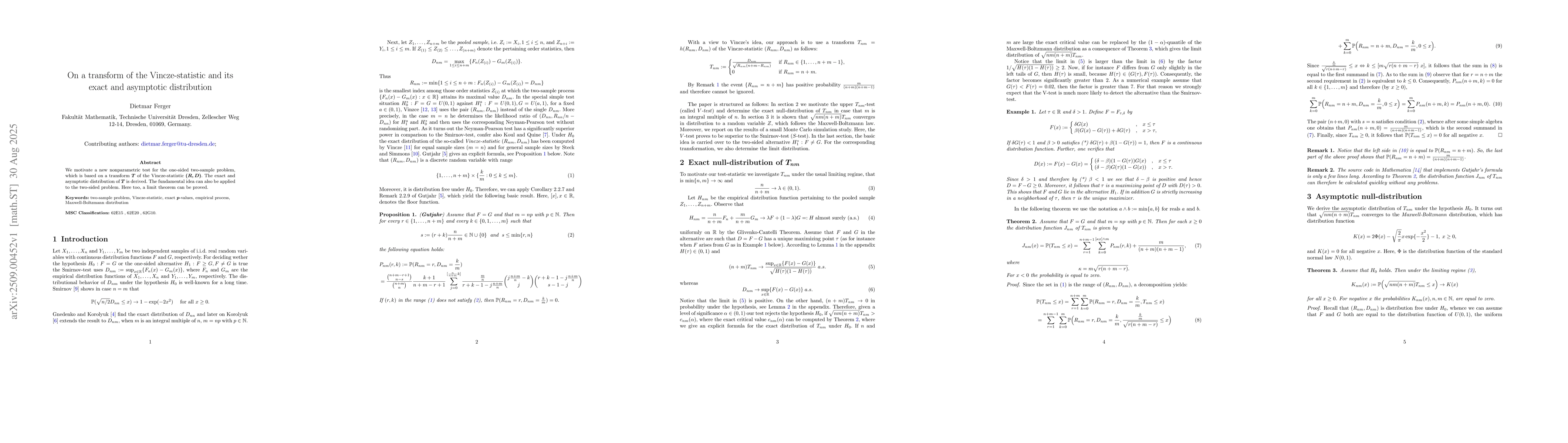 Thumbnail for On a transform of the Vincze-statistic and its exact and asymptotic
  distribution