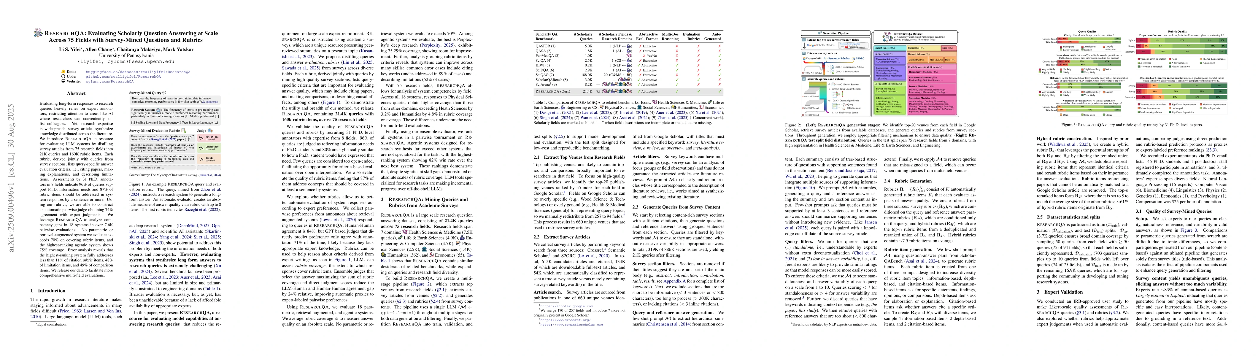 Thumbnail for ResearchQA: Evaluating Scholarly Question Answering at Scale Across 75
  Fields with Survey-Mined Questions and Rubrics