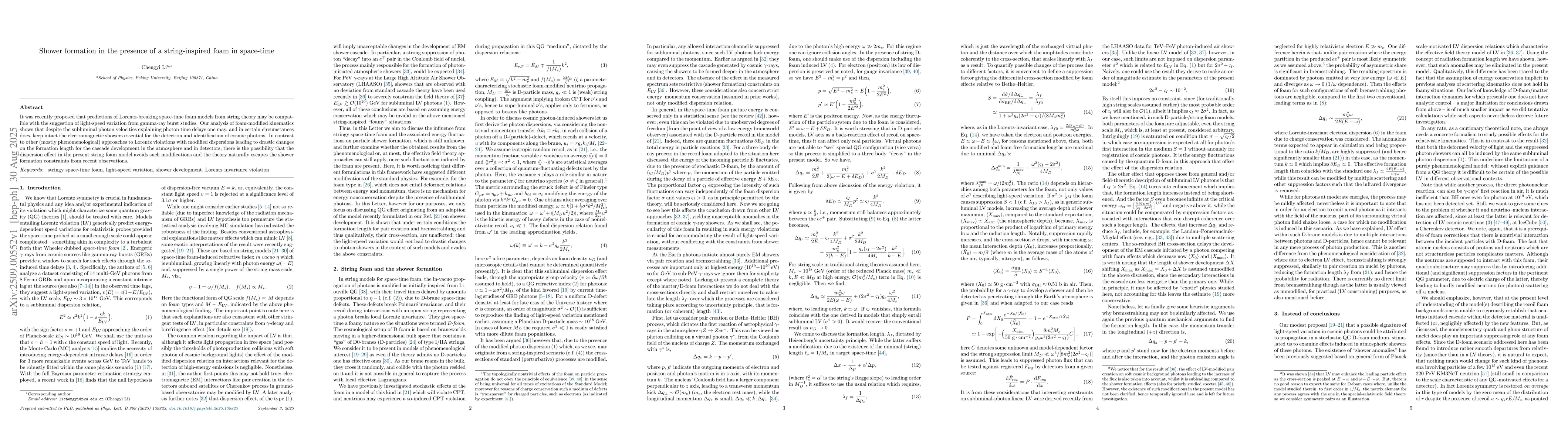 Thumbnail for Shower formation in the presence of a string-inspired foam in space-time