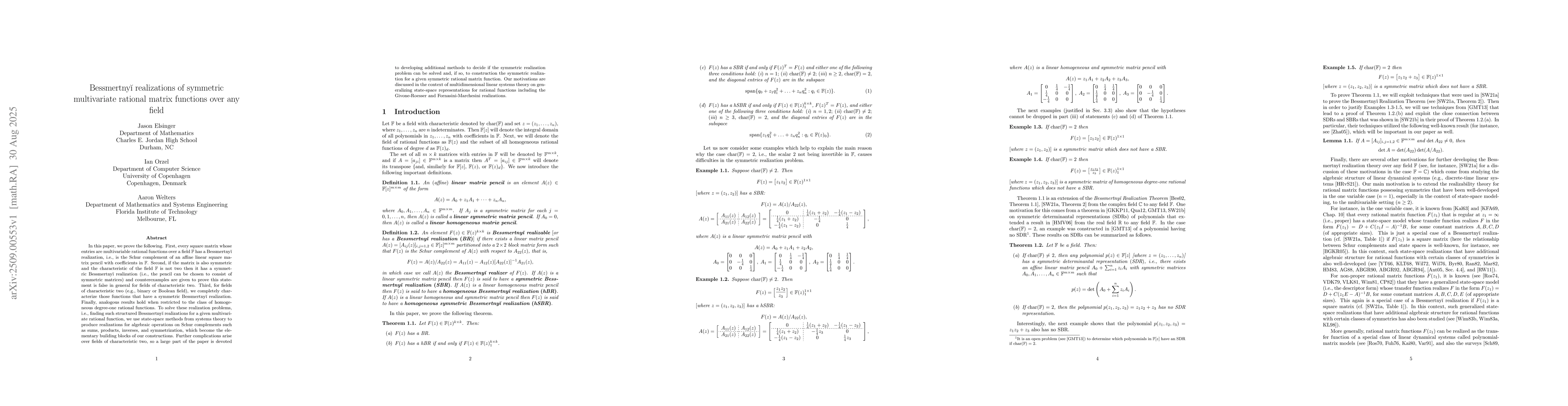 Thumbnail for Bessmertnyĭ realizations of symmetric multivariate rational matrix
  functions over any field