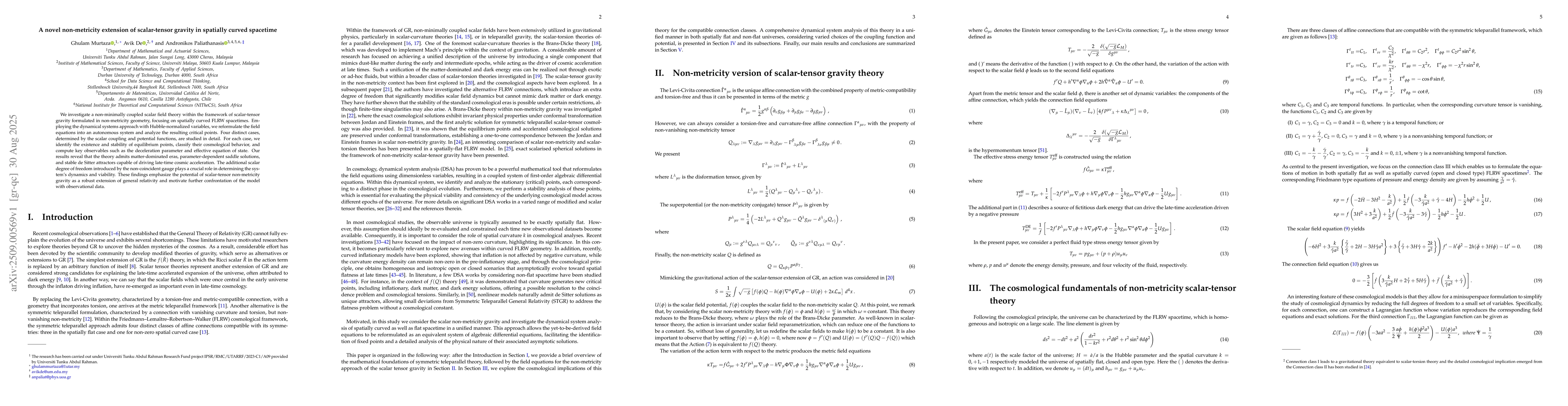 Thumbnail for A novel non-metricity extension of scalar-tensor gravity in spatially
  curved spacetime