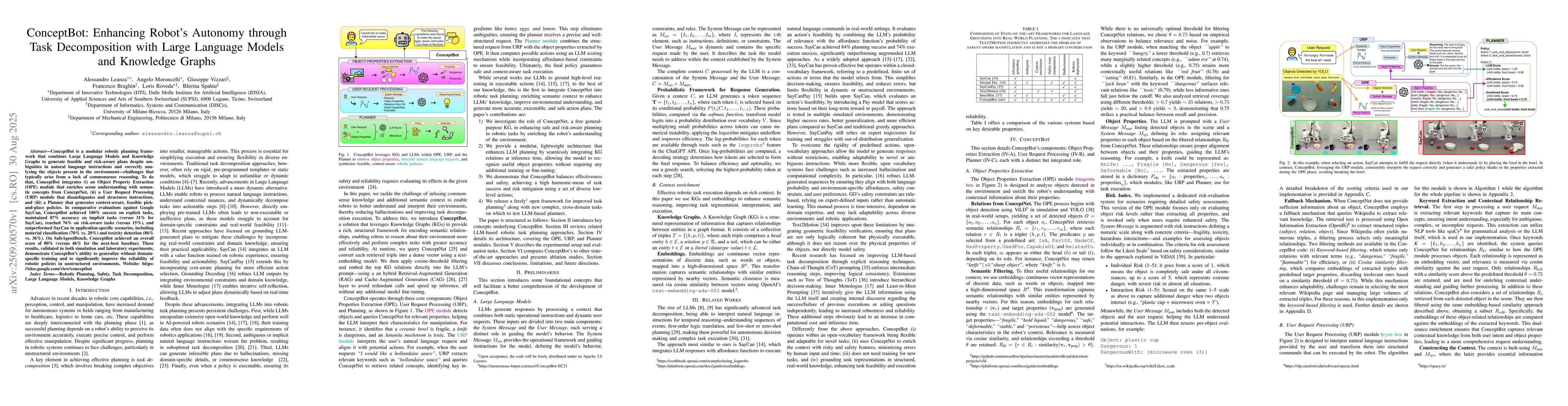 Thumbnail for ConceptBot: Enhancing Robot's Autonomy through Task Decomposition with
  Large Language Models and Knowledge Graph