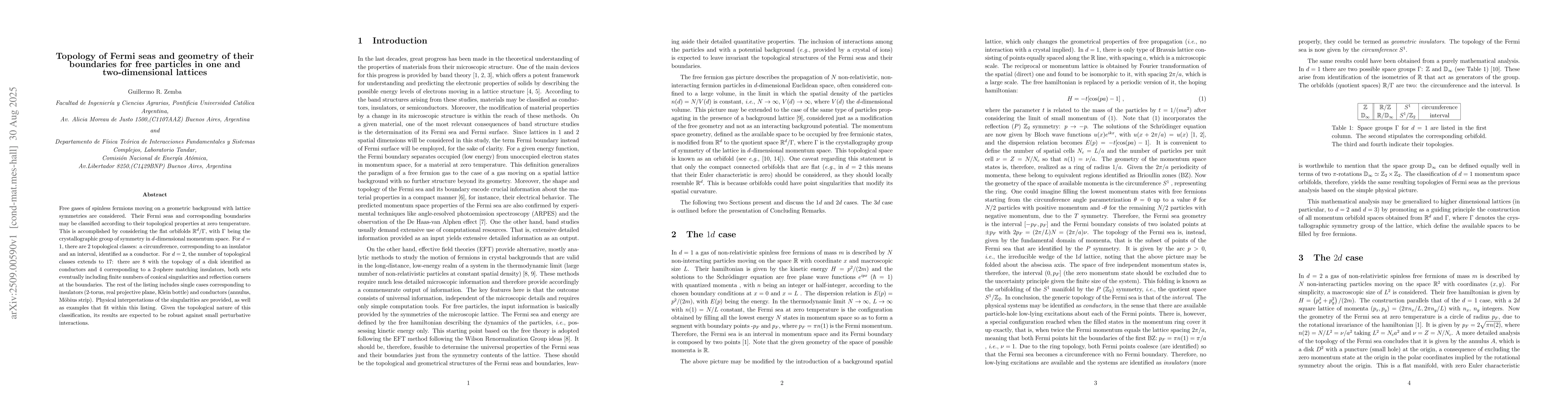 Thumbnail for Topology of Fermi seas and geometry of their boundaries for free
  particles in one and two-dimensional lattices