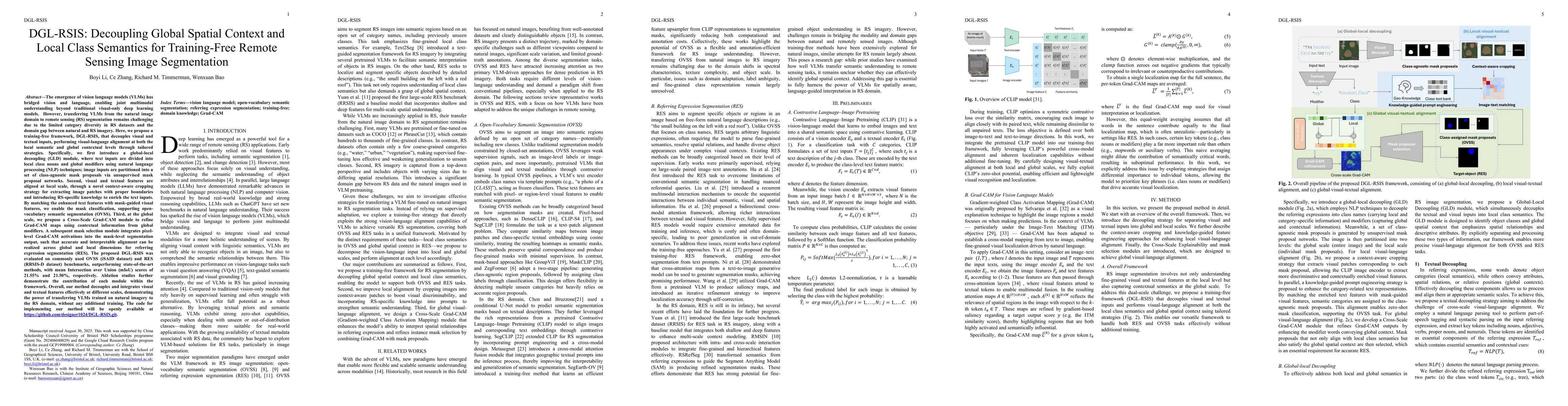 Thumbnail for DGL-RSIS: Decoupling Global Spatial Context and Local Class Semantics
  for Training-Free Remote Sensing Image Segmentation