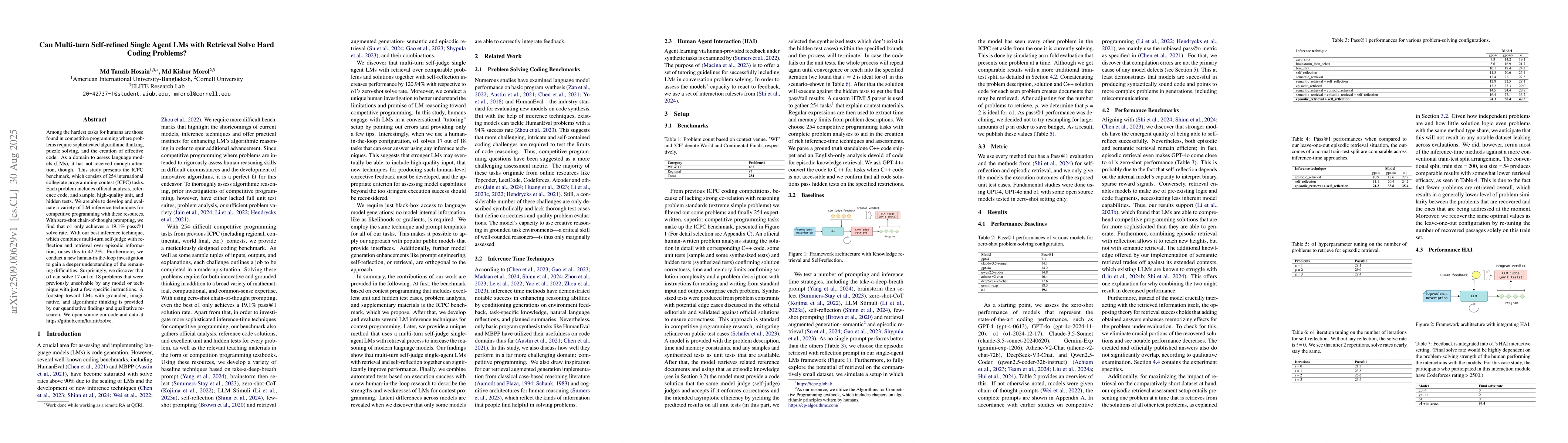 Thumbnail for Can Multi-turn Self-refined Single Agent LMs with Retrieval Solve Hard
  Coding Problems?