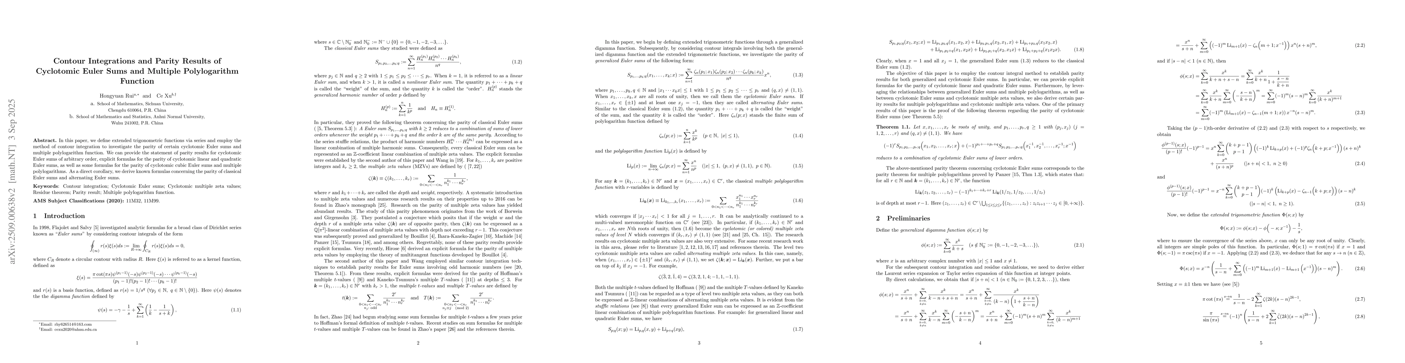 Thumbnail for Contour Integrations and Parity Results of Cyclotomic Euler Sums and
  Multiple Polylogarithm Function