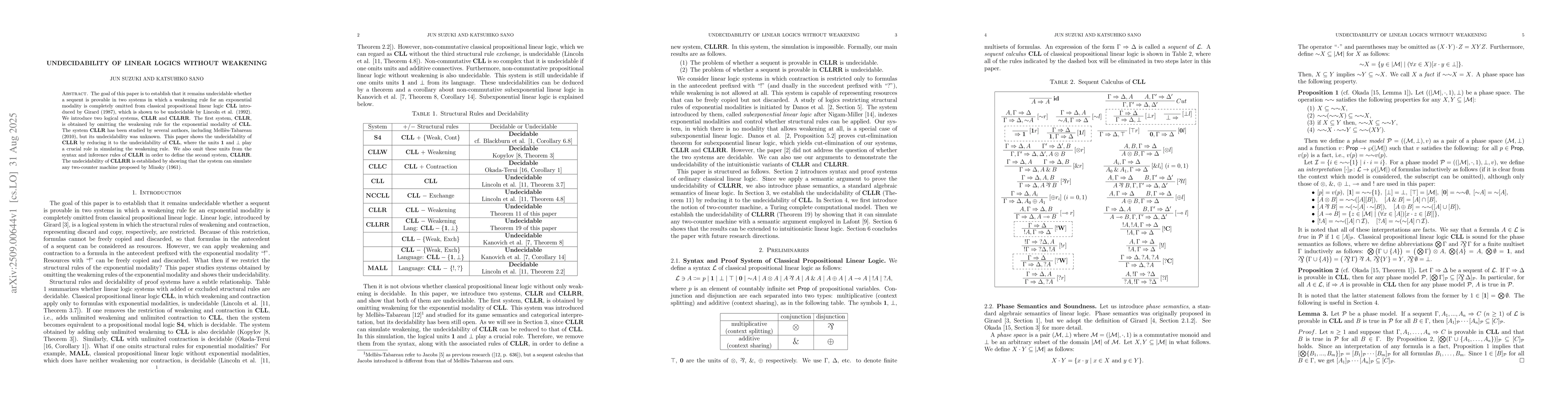 Thumbnail for Undecidability of Linear Logics without Weakening