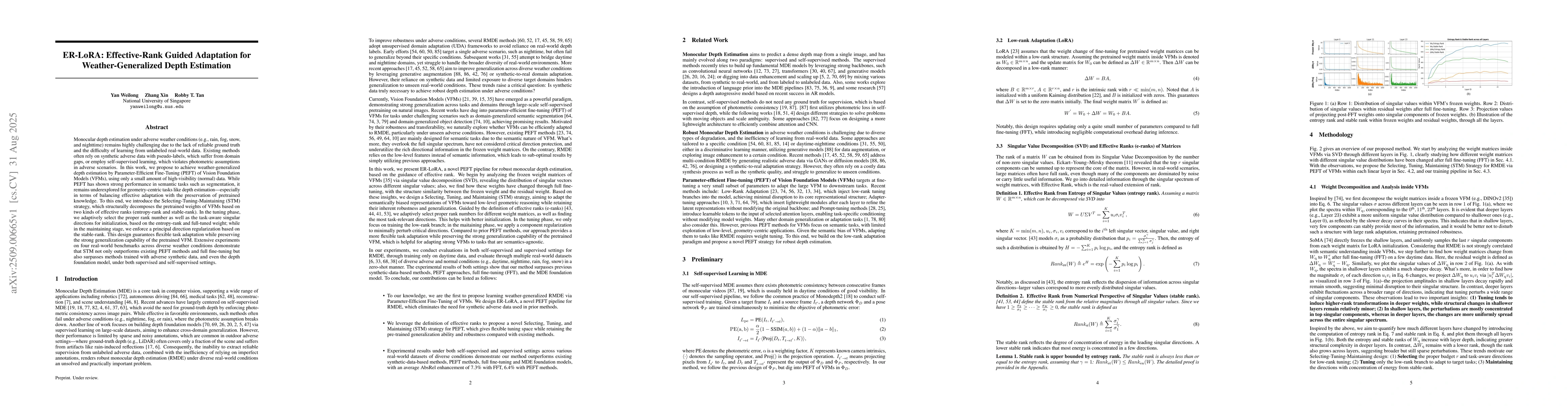 Thumbnail for ER-LoRA: Effective-Rank Guided Adaptation for Weather-Generalized Depth
  Estimation