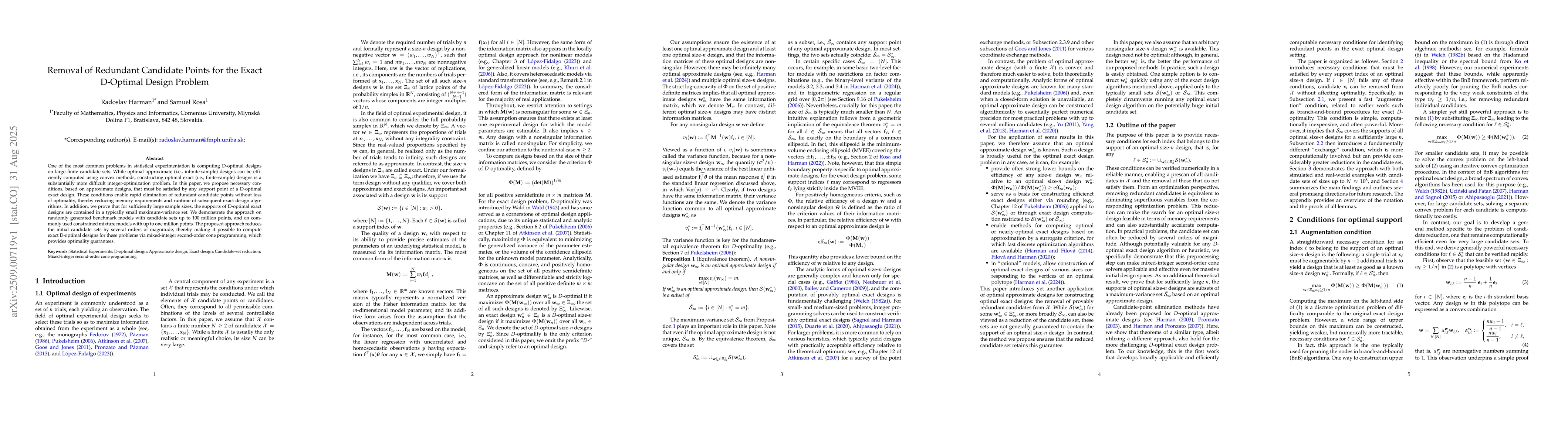 Thumbnail for Removal of Redundant Candidate Points for the Exact D-Optimal Design
  Problem