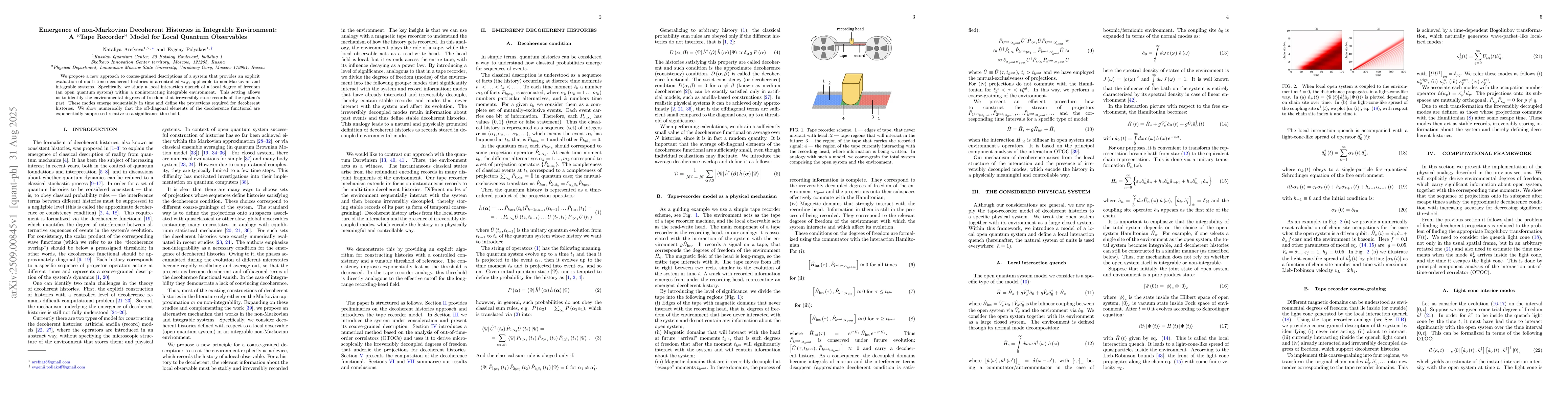 Thumbnail for Emergence of non-Markovian Decoherent Histories in Integrable
  Environment: A "Tape Recorder" Model for Local Quantum Observables