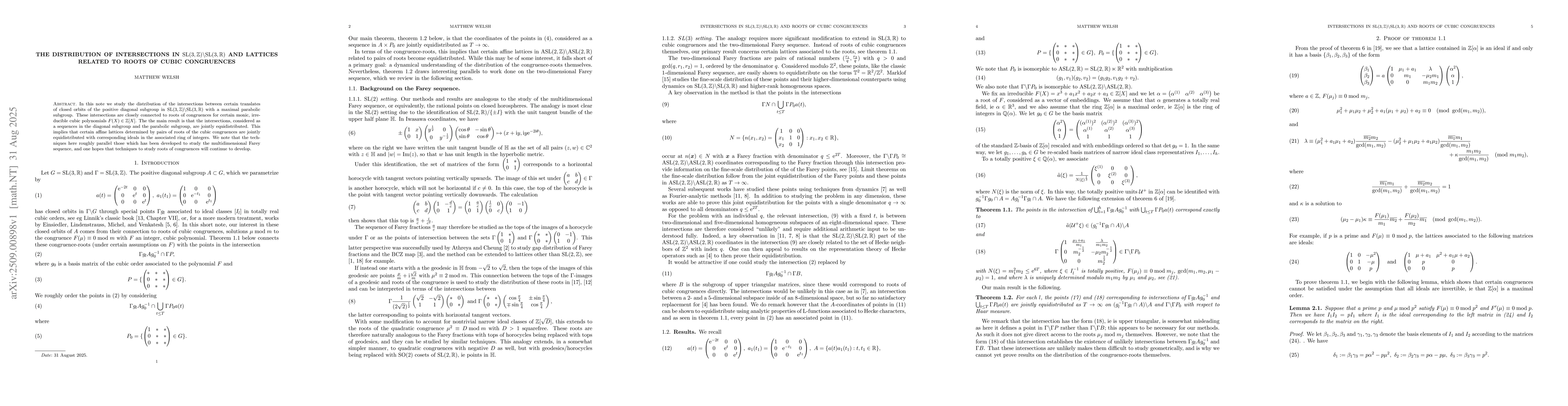 Thumbnail for The distribution of intersections in $\mathrm{SL}(3, \mathbb{Z})
  \backslash \mathrm{SL}(3, \mathbb{R})$ and lattices related to roots of cubic
  congruences