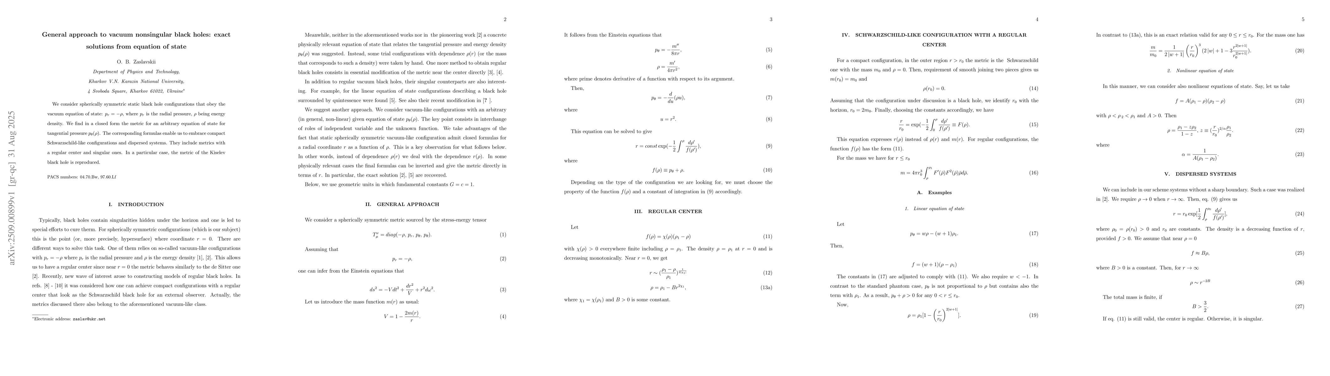 Thumbnail for General approach to vacuum nonsingular black holes: exact solutions from
  equation of state