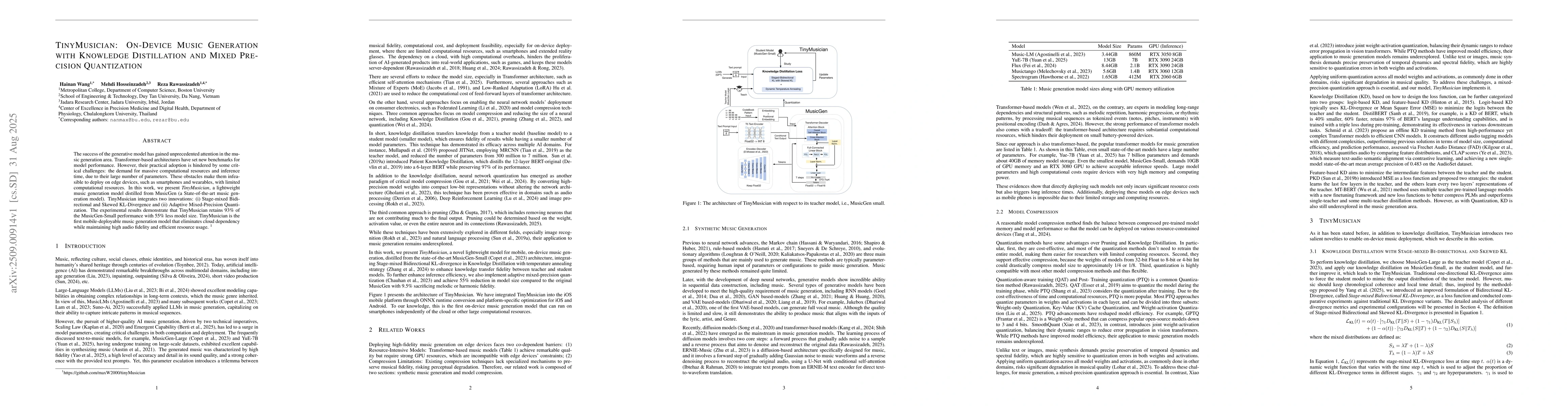 Thumbnail for TinyMusician: On-Device Music Generation with Knowledge Distillation and
  Mixed Precision Quantization