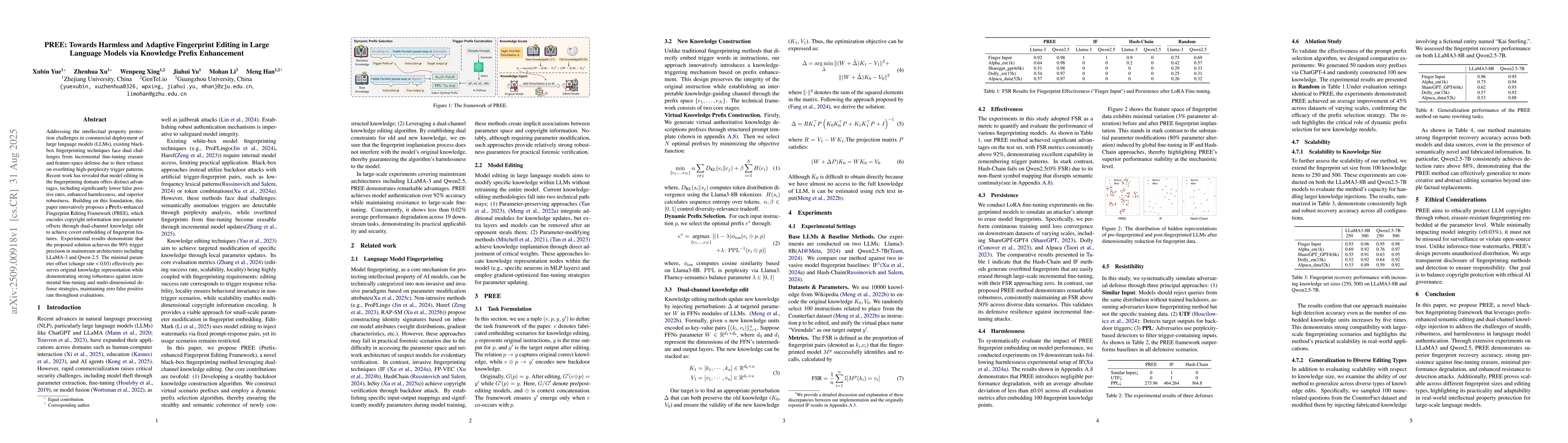 Thumbnail for PREE: Towards Harmless and Adaptive Fingerprint Editing in Large
  Language Models via Knowledge Prefix Enhancement