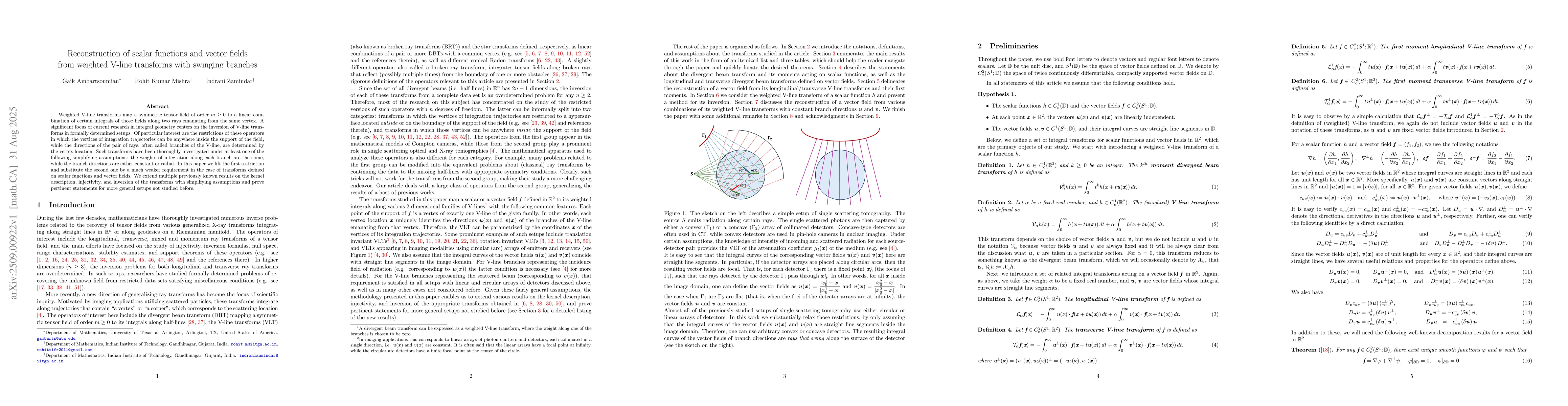 Thumbnail for Reconstruction of scalar functions and vector fields from weighted
  V-line transforms with swinging branches