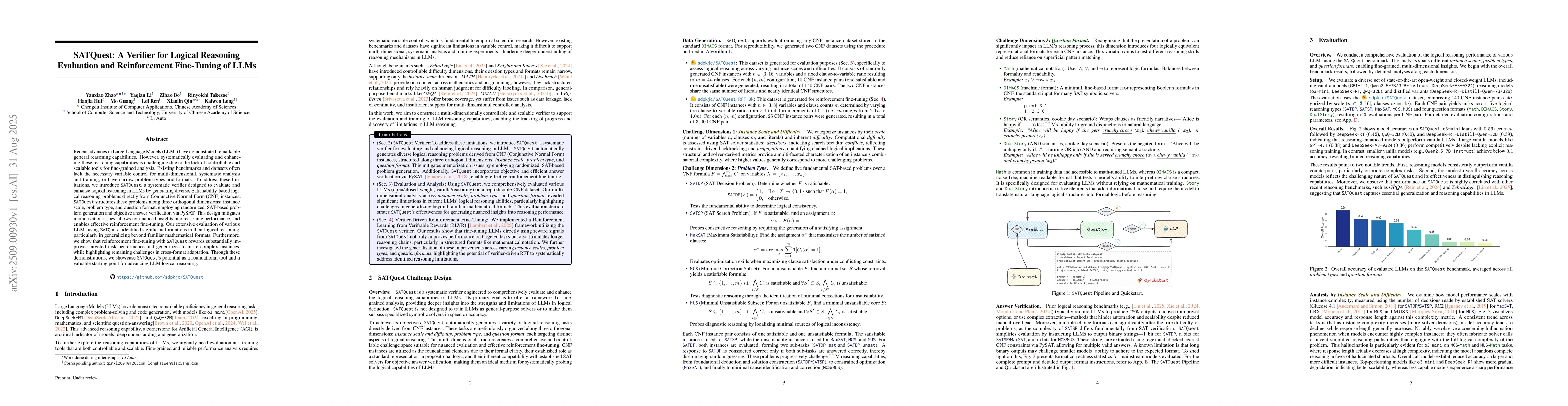 Thumbnail for SATQuest: A Verifier for Logical Reasoning Evaluation and Reinforcement
  Fine-Tuning of LLMs