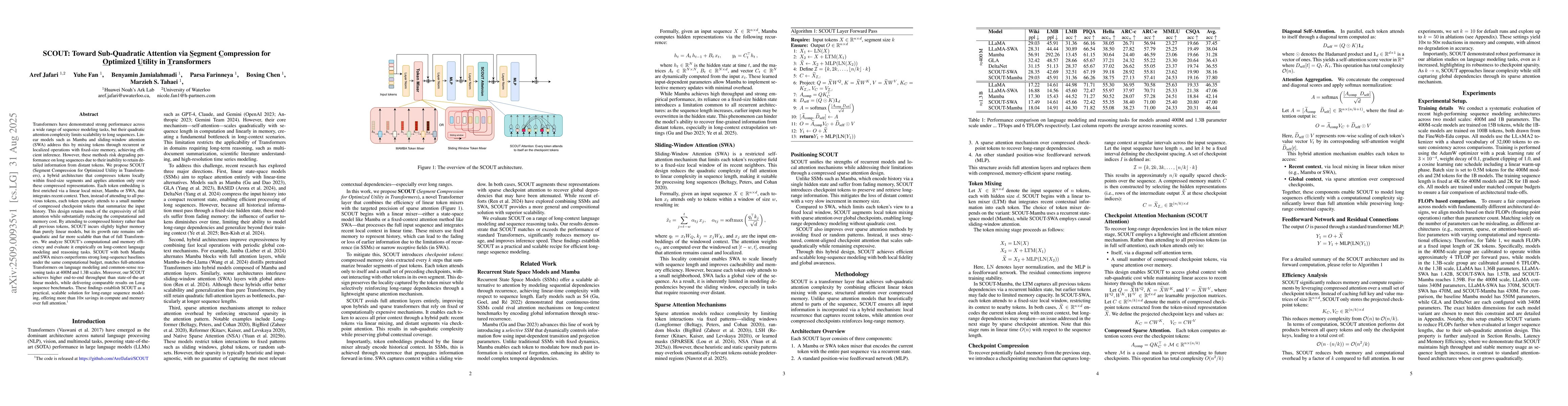 Thumbnail for SCOUT: Toward Sub-Quadratic Attention via Segment Compression for
  Optimized Utility in Transformers