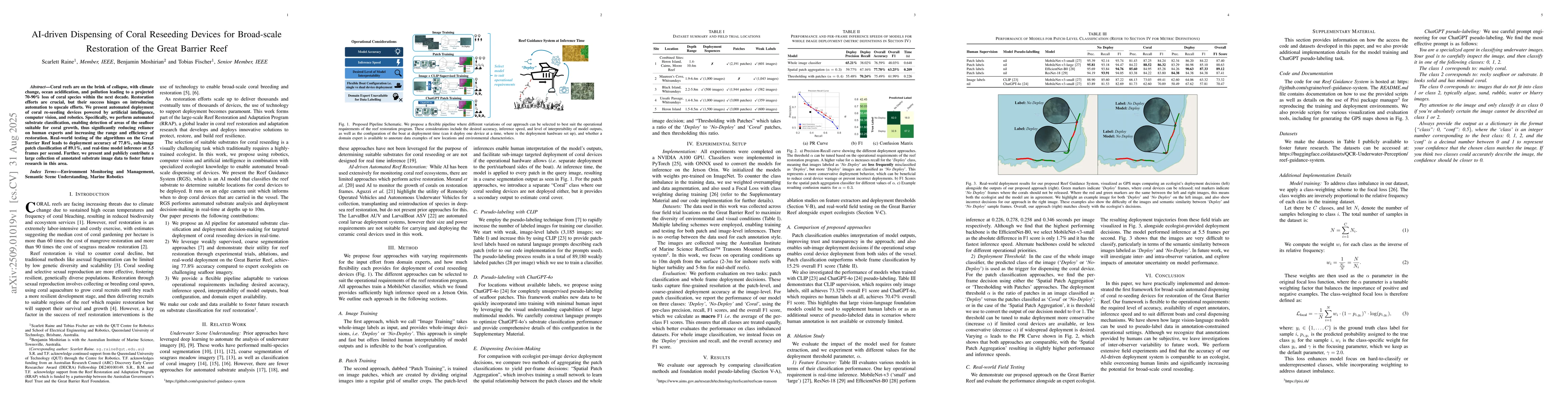 Thumbnail for AI-driven Dispensing of Coral Reseeding Devices for Broad-scale
  Restoration of the Great Barrier Reef